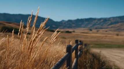 Grassy Landscape with Fence and Mountains Under Clear Blue Sky in Sunny Weather