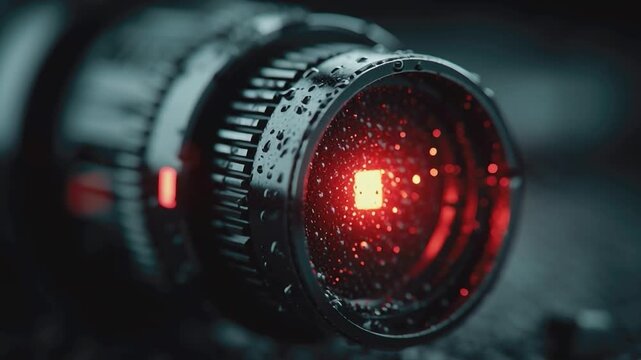 Close-up of a Camera Lens: A close-up shot of a camera lens captures a futuristic and technological look. The lens with a red light, evokes a sense of advanced technology and surveillance. 