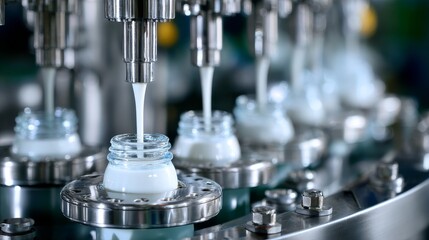 Fototapeta premium A machine is filling bottles with milk