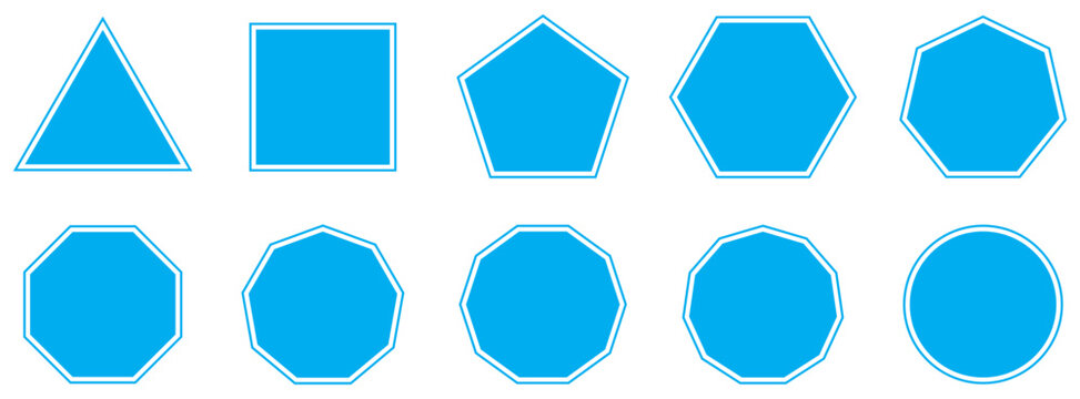 Collection of blue geometric shapes including triangle, square, pentagon to dodecagon and circle. Vector illustration.