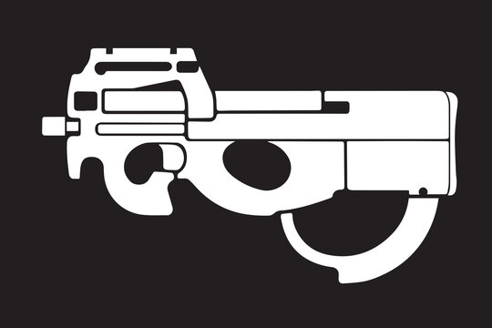 High-contrast vector illustration of a P90 submachine gun in a clean silhouette style. This flat graphic design features simplified geometric shapes with solid fills, making it suitable for icons etc
