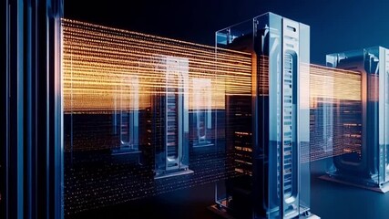 Cinematic 4K shot of a high-tech data center featuring multiple server racks with glowing blue indicator lights, representing cloud computing, digital infrastructure, and cyber security. - Powered by Adobe