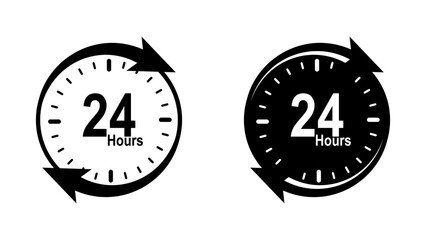 24 Hours icon set. A simple and minimalist icon illustration depicting a 24 hours service clock, representing round the clock availability. Suitable for various business, retail, and service related d