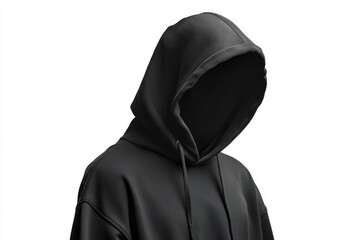 Faceless figure in black hooded sweatshirt stands in minimalist, abstract environment, evoking themes of anonymity and mystery. Neural network AI generated
