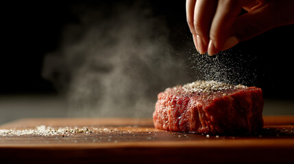 Hand sprinkling salt seasoning on raw beef steak on wooden cutting board, cooking preparation and culinary technique concept