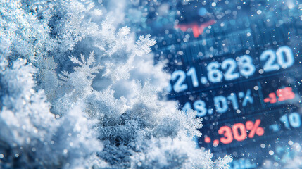 Abstract winter scene with detailed snowflakes on a blue digital background, financial trend chart.