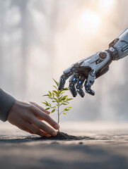 A human hand and a robotic arm are planting a small tree in soil, showcasing the collaboration between technology and nature for a sustainable future