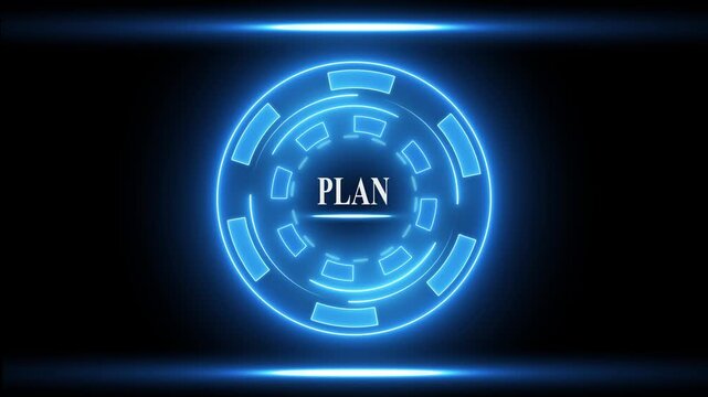Futuristic blue glowing circle with plan text in center for business strategy presentation