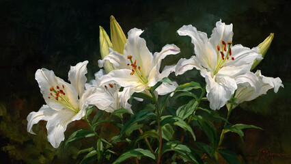 white lilies on dark background 