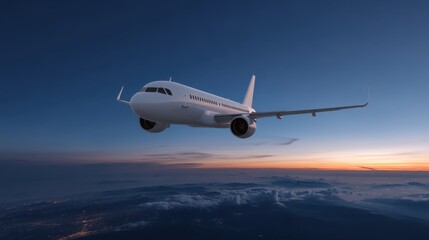 Obraz premium Passenger Jet Flying Above Clouds at High Altitude During Twilight Sky with Deep Blue Hues