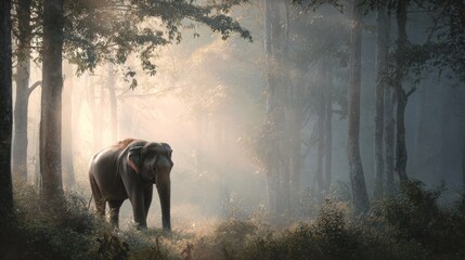 Elephant in a mystical forest with sunlight shining through the trees natural scene