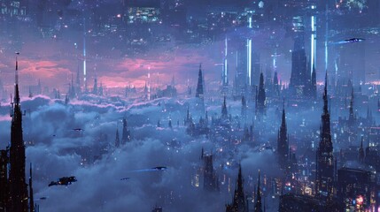 Futuristic cityscape with cloudscape and illuminated structures