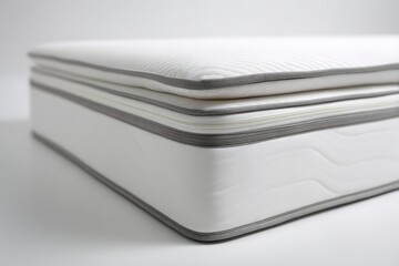 Mattress against white background. Memory foam mattress. Close up white orthopedic mattress corner, copy space for text. Hypoallergenic bed base for proper spinal alignment and pressure point relief.