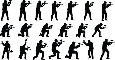Black silhouette of paintball players set, men in various tactical shooting poses, standing and kneeling positions with markers, isolated on white background vector. © MDRAZIURRAHMAN