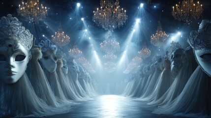 Elegant masquerade ball with elaborate masks and chandeliers under stage lights