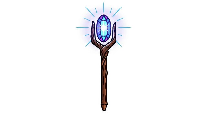 Wooden magic staff with a glowing purple gem on a white background