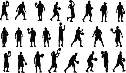 Basketball players silhouettes set, various men and women athletes jumping shooting dribbling holding ball isolated on white background, sports vector collection for graphic design © Atabur
