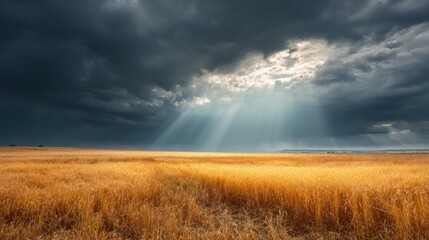 Dramatic sky above golden field with sunlight and dark clouds