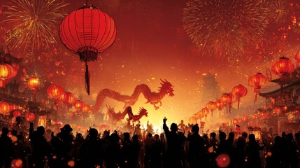 Celebration with red lanterns fireworks and dragon silhouettes