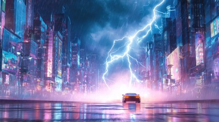Futuristic cityscape with car under lightning storm atmospheric scene