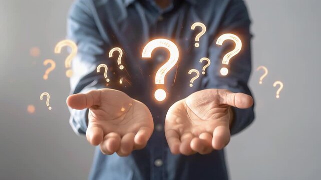 疑問符を浮かべた手のひらが未知への問いを象徴する