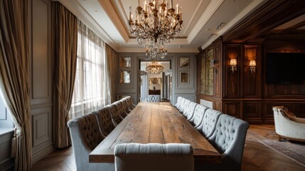 Elegant dining room interior with long table chandeliers and classic design