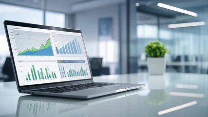 デスク上のノートパソコンに表示されたグラフが業績分析を示すオフィス風景