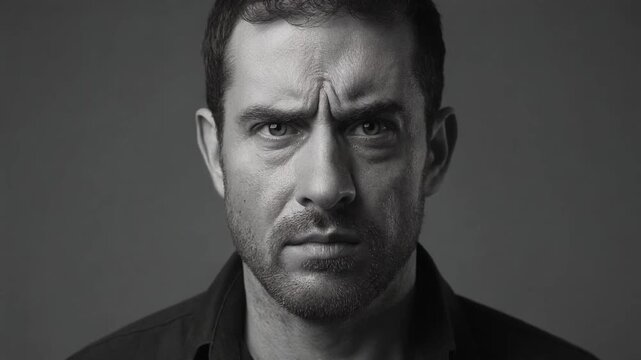 荒れた質感と強い眼差しを持つ男性の顔を切り取ったモノクロの人物表現