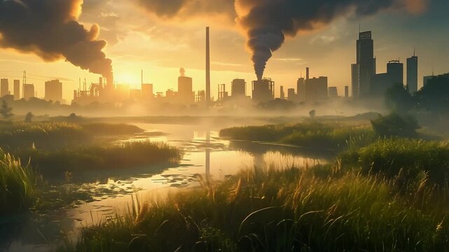 夕日に照らされた湿地と工場の煙突が対比的に広がる環境問題を示唆する風景