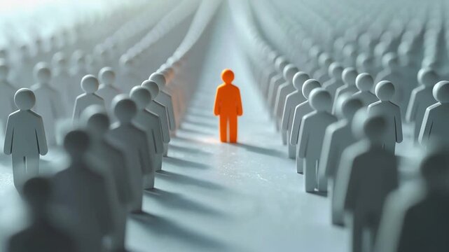 白い人型群衆の中で一体だけ異なる色の人物が立つ個性強調のコンセプト表現