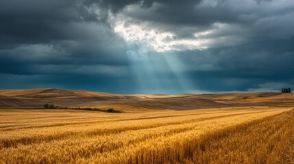 Dramatic landscape of a wheat field under a stormy sky with sun rays