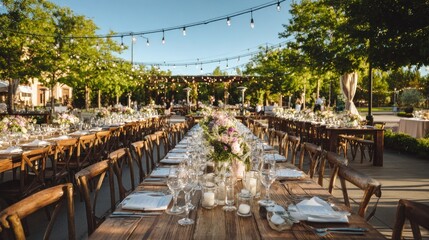 Elegant outdoor dining table setting with flowers and string lights for event