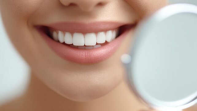 Woman admiring perfect white teeth in mirror, showing beautiful smile confident and dental health