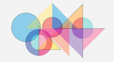 Abstract composition of geometric shapes with colorful transparency.