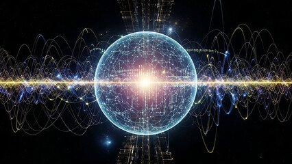 Abstract representation of a digital data sphere surrounded by energetic waves in space
