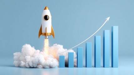 Rocket launching alongside rising bar chart, showing business growth, development success, and concept startup