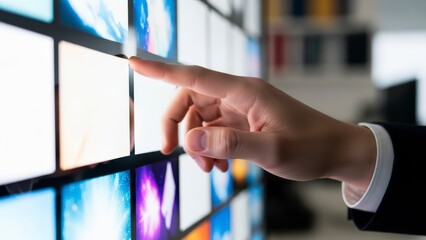 Hand Touching a Wall of Digital Screens Displaying Various Content.