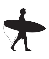 Fototapeta premium Silhouette of a surfer walking with a surfboard under his arm on a beach.