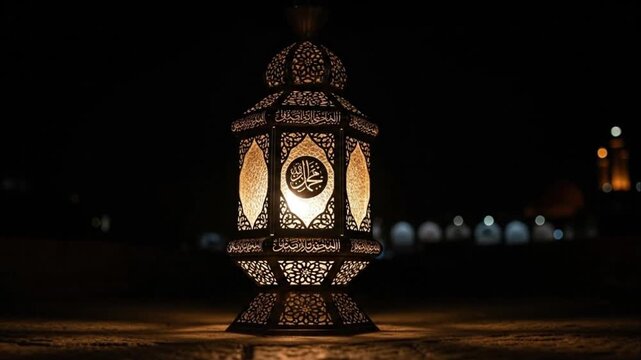 Traditional Ramadan Fanoos glowing at night religious setting