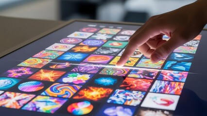 Hand Interacting with a Digital Display Featuring a Grid of Colorful Abstract Images.