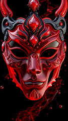 Scary horror illustration of an ancient devil skull with red wings and a demon mask expression for a traditional evil Halloween monster costume