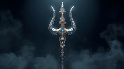 A stylish and sacred Lord Shiva Trishul (trident) weapon standing majestically in a dark cosmic environment