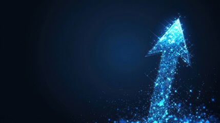 Digital blue arrow ascending with sparkling particles against a dark backdrop