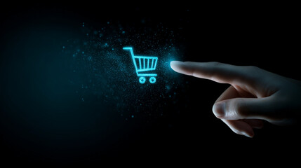 pointing finger touching shopping cart icon on touchscreen display on dark background. icon start glowing. user interface interaction with holographic display for placing order online