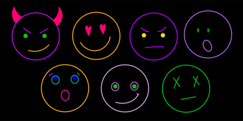 Funny Retro Neon Outline Characters Face Bundle. Simple Childish Cartoon Line Face Expression Icon Collection. Childish School Birthday Party card or Invitation Decoration Set