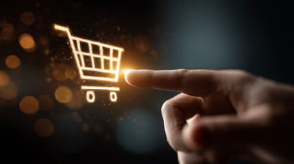 pointing finger touching shopping cart icon on touchscreen display on dark background. icon start glowing. user interface interaction with holographic display for placing order online