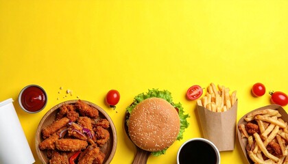 Colorful fast food assortment on bright yellow background featuring burger, pizza, fries, fried chicken, onion rings, sauces, and fresh veggies, arranged playfully along the bottom edge to create a bo
