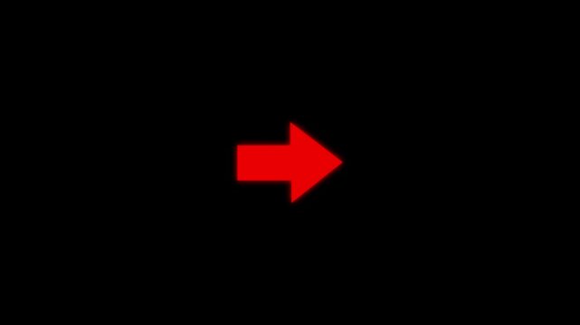 Abstract directional arrow bouncing rightward against a stark three dimensional swipe slide right animation on a black background. animation.