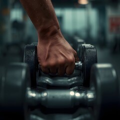 Close-up of a strong, athletic hand reaching for dumbbells neatly arranged in rows inside a modern gym
