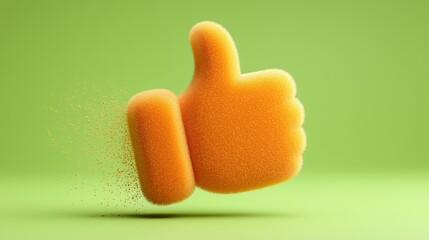 Fuzzy orange thumbs-up hand dissolves into particles on a green background, blending approval with surreal transformation. Artistic concept for positivity, change, feedback and dynamic gestures 